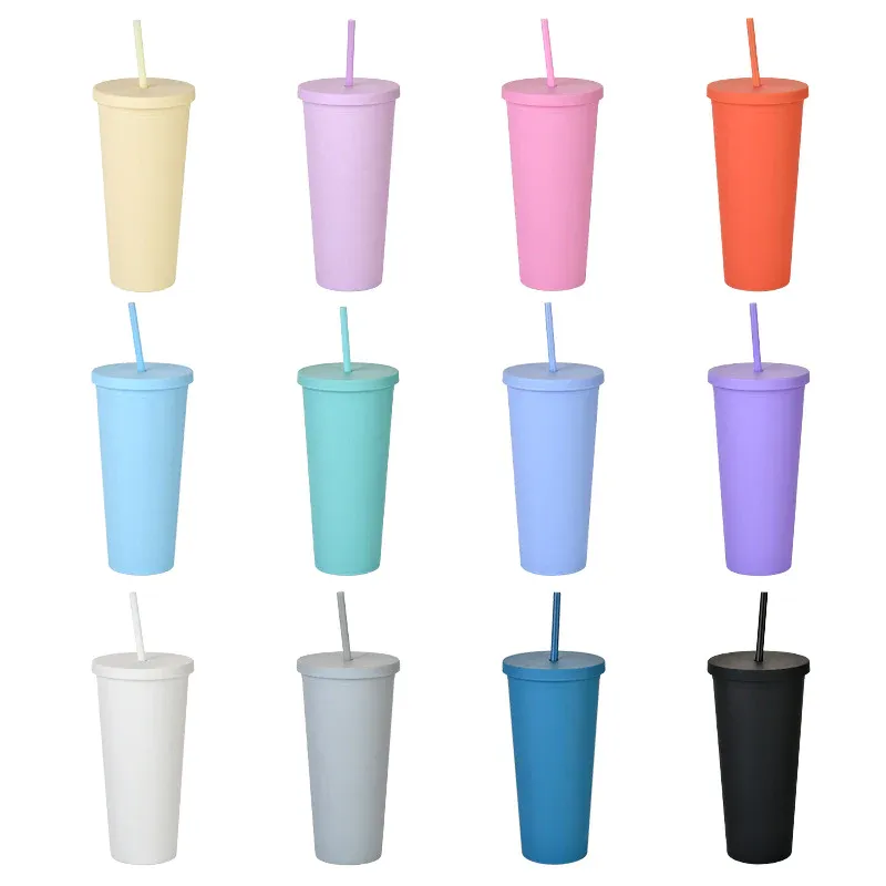 Acrylic Drinking Tumbler 600ml Pastel Colored Matte Finish Cup & Straw