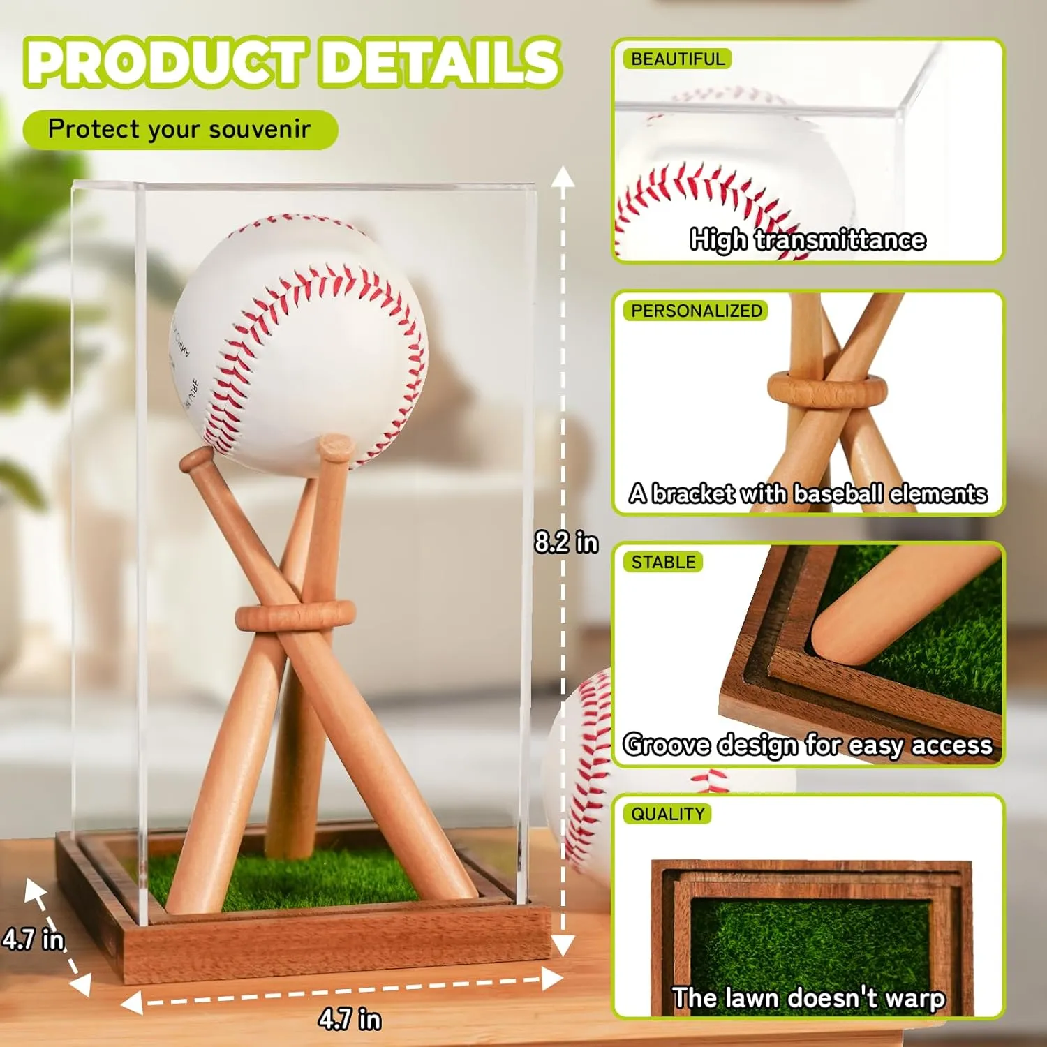 Baseball Display Case with Stand Holder, Wooden Base for Balls, UV Protected Acrylic Boxes for Display, Autographed/Memorabilia Signed Baseball Clear Case Cube