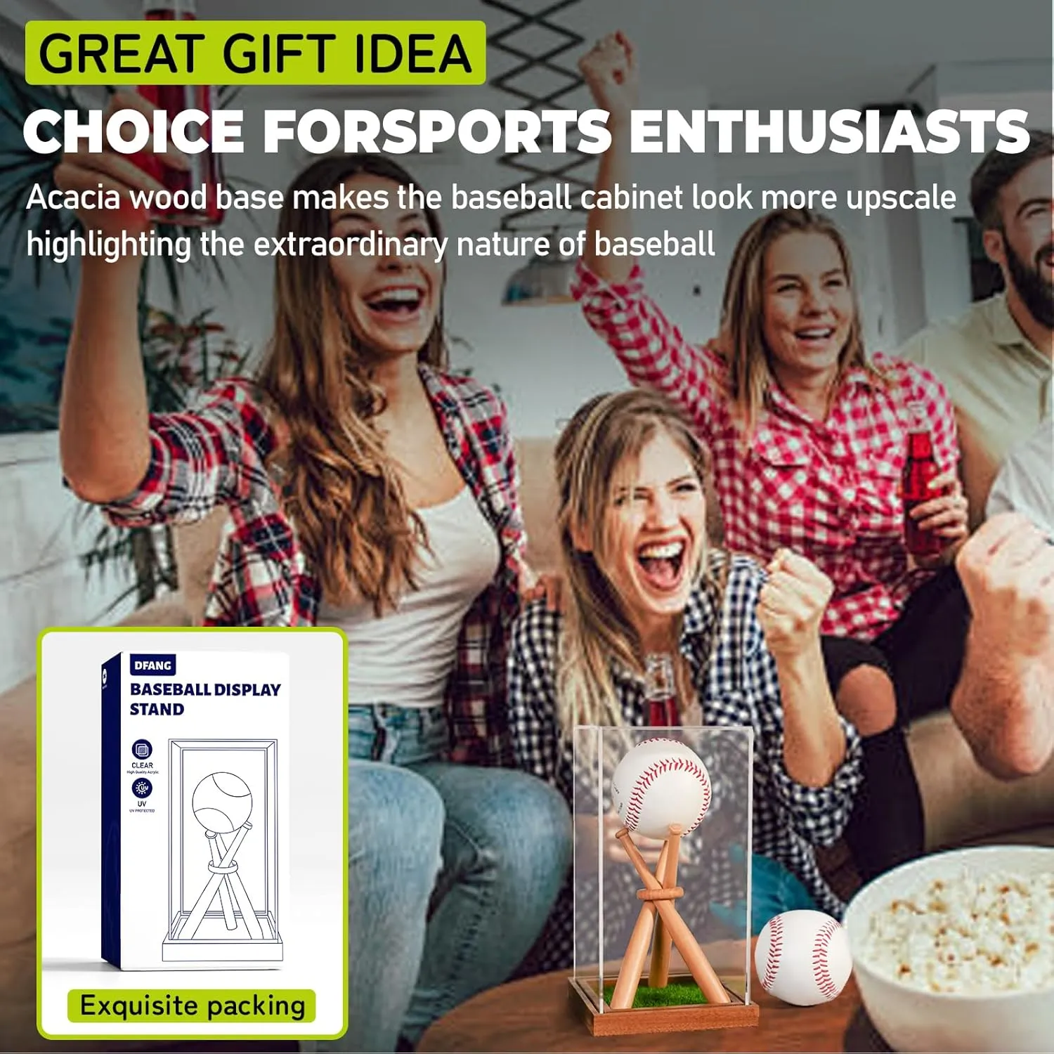 Baseball Display Case with Stand Holder, Wooden Base for Balls, UV Protected Acrylic Boxes for Display, Autographed/Memorabilia Signed Baseball Clear Case Cube