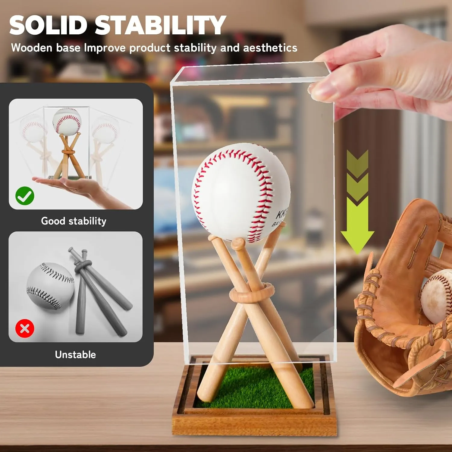 Baseball Display Case with Stand Holder, Wooden Base for Balls, UV Protected Acrylic Boxes for Display, Autographed/Memorabilia Signed Baseball Clear Case Cube