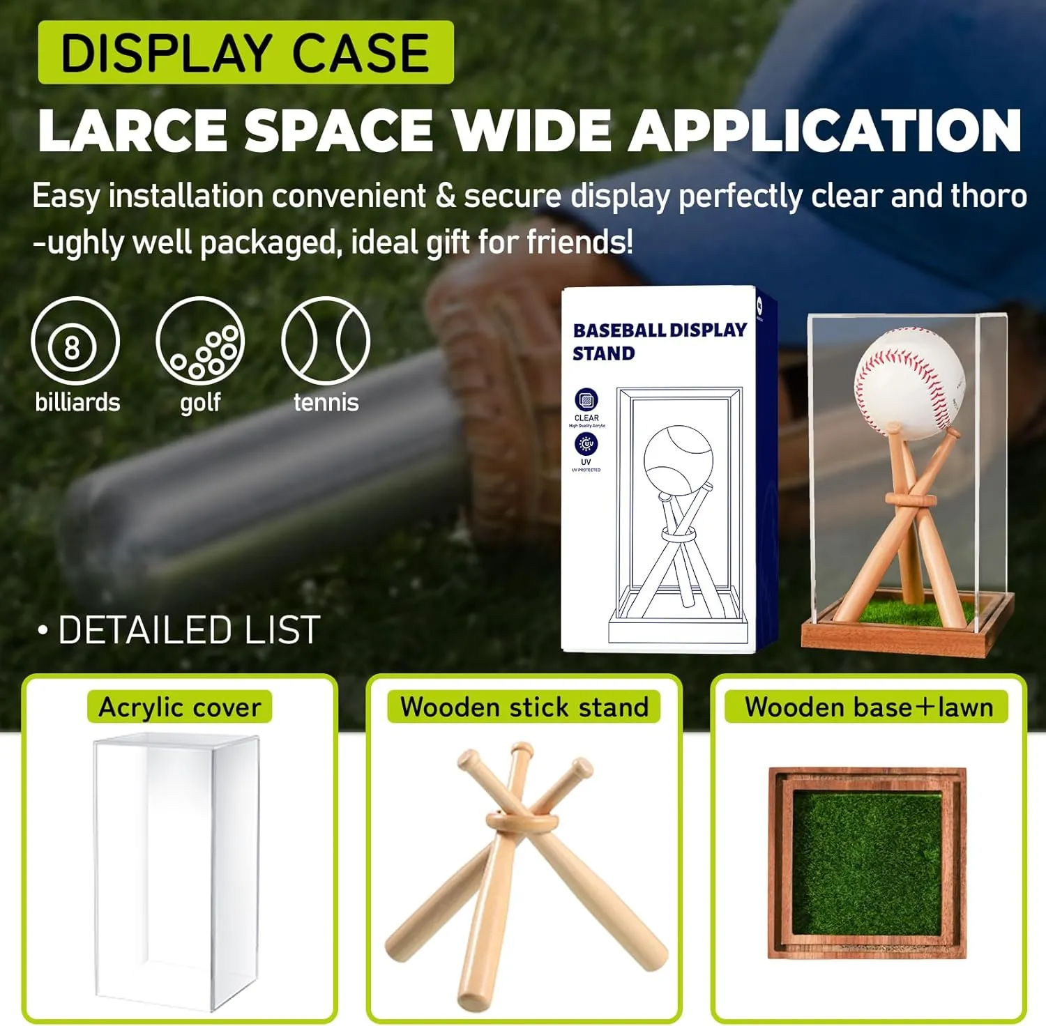 Baseball Display Case with Stand Holder, Wooden Base for Balls, UV Protected Acrylic Boxes for Display, Autographed/Memorabilia Signed Baseball Clear Case Cube