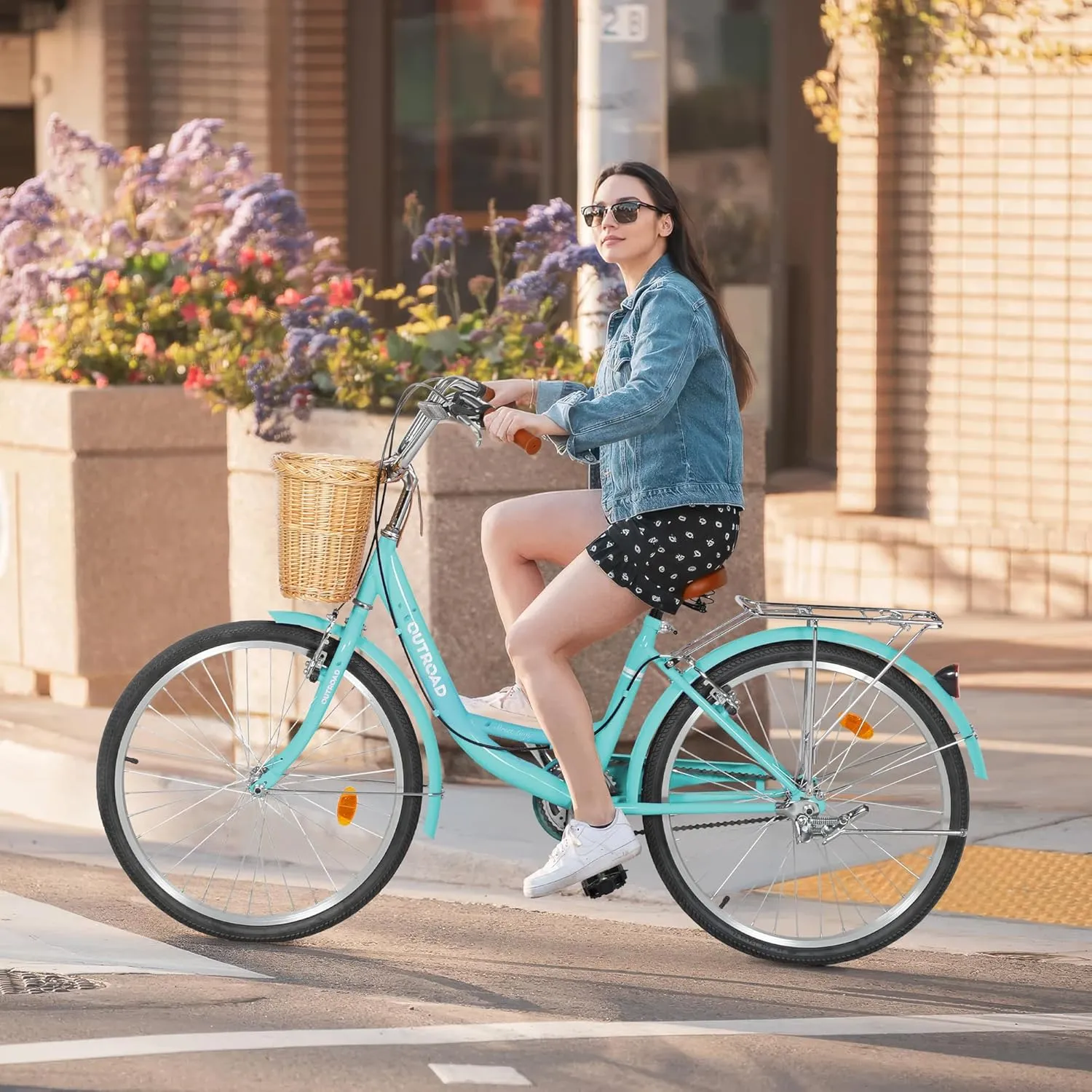 Beach Cruiser Bike for Women and Men, 24 26 inch Female Commuter Bicycle with Basket, 1 Speed Womens Bike with Rear Rack/High-Carbon Steel/Front & Rear Fenders, Multi Color