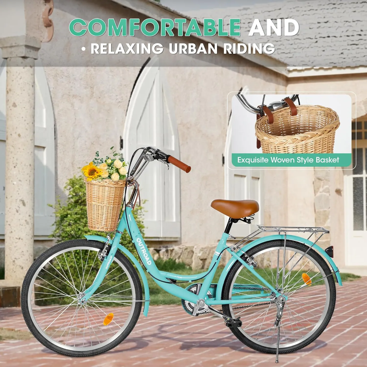 Beach Cruiser Bike for Women and Men, 24 26 inch Female Commuter Bicycle with Basket, 1 Speed Womens Bike with Rear Rack/High-Carbon Steel/Front & Rear Fenders, Multi Color