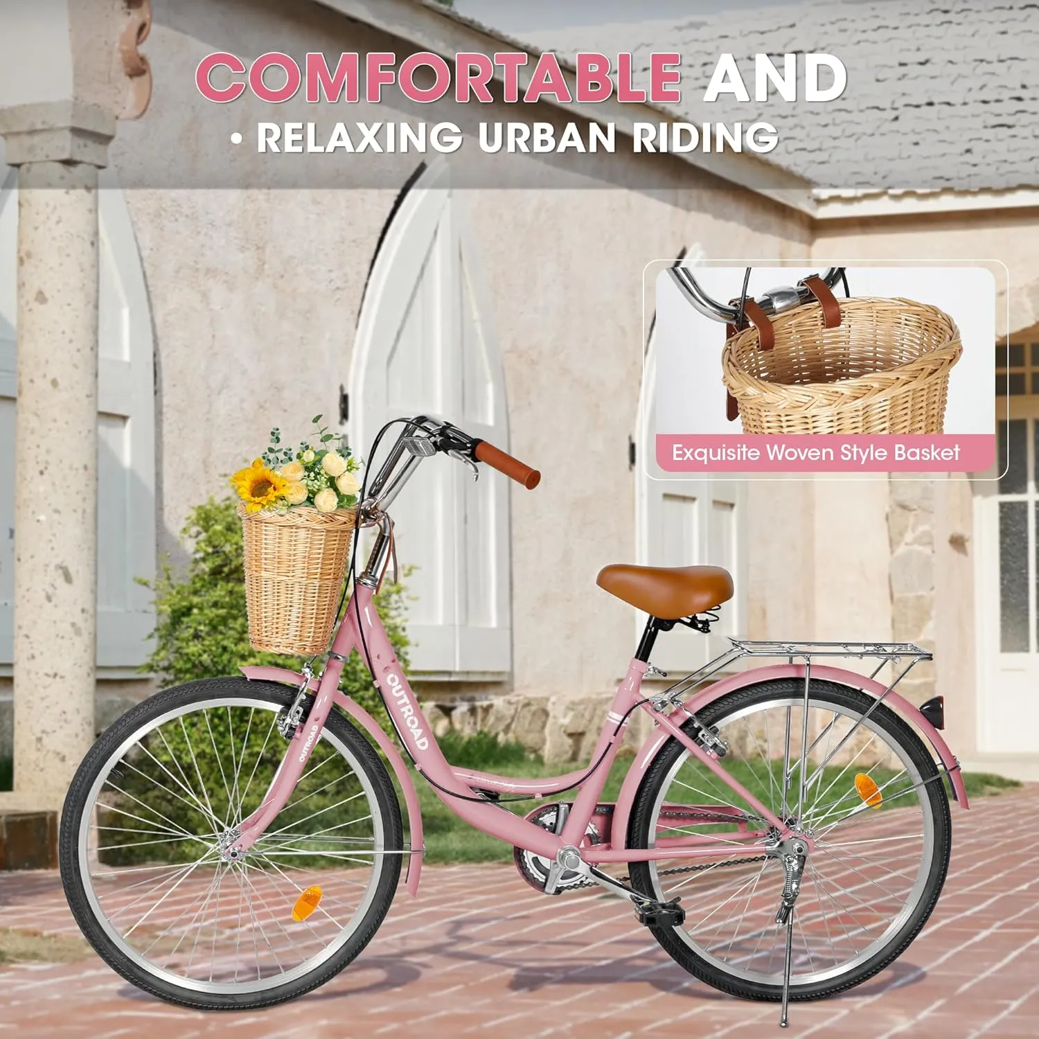 Beach Cruiser Bike for Women and Men, 24 26 inch Female Commuter Bicycle with Basket, 1 Speed Womens Bike with Rear Rack/High-Carbon Steel/Front & Rear Fenders, Multi Color