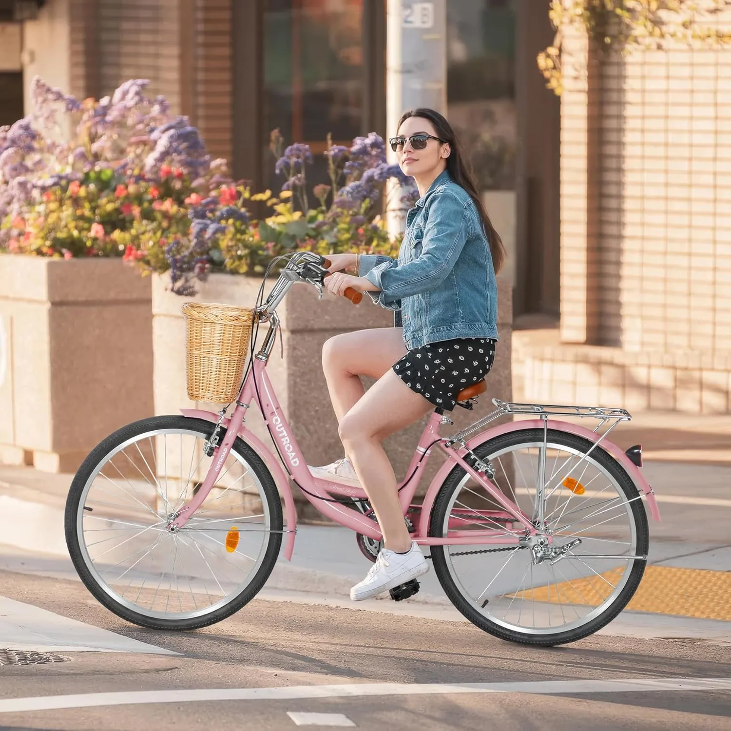 Beach Cruiser Bike for Women and Men, 24 26 inch Female Commuter Bicycle with Basket, 1 Speed Womens Bike with Rear Rack/High-Carbon Steel/Front & Rear Fenders, Multi Color