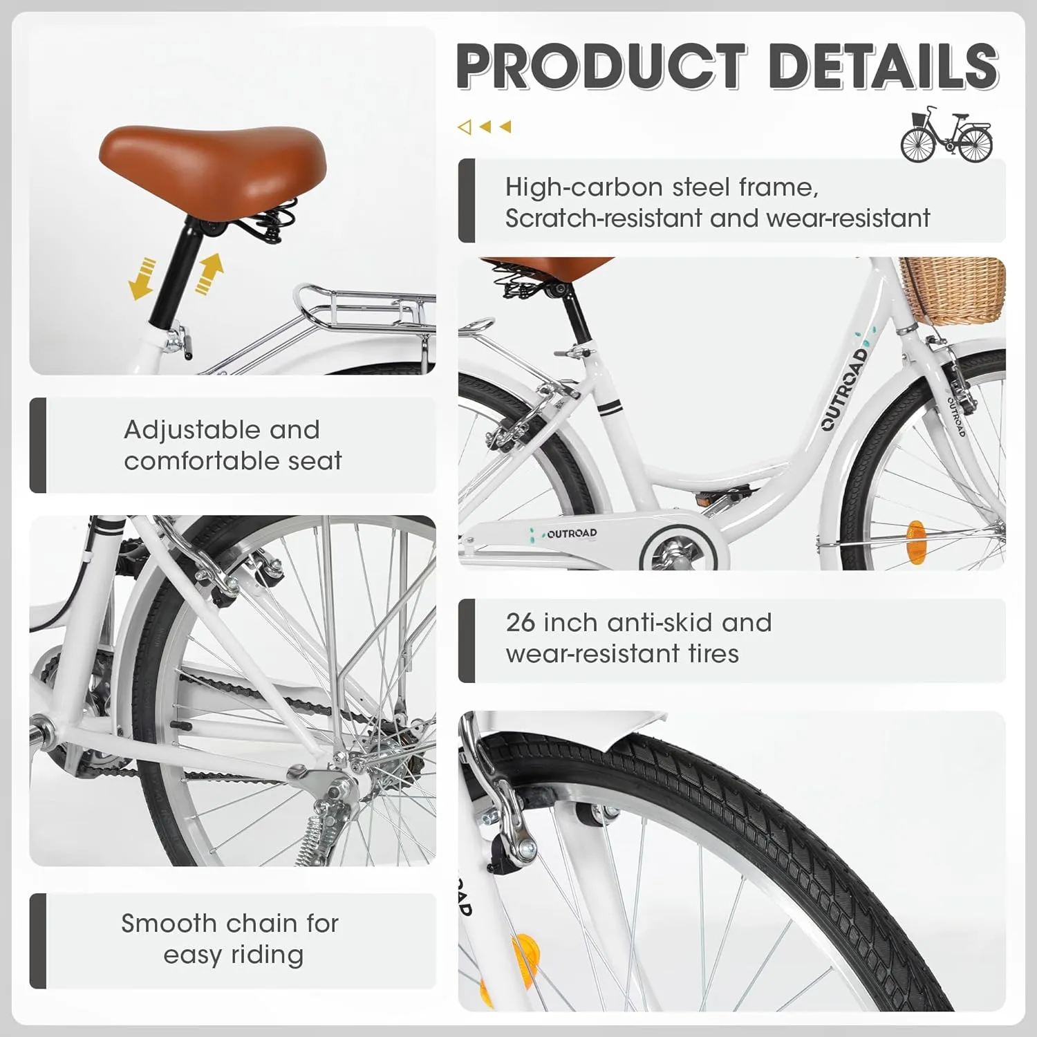 Beach Cruiser Bike for Women and Men, 24 26 inch Female Commuter Bicycle with Basket, 1 Speed Womens Bike with Rear Rack/High-Carbon Steel/Front & Rear Fenders, Multi Color