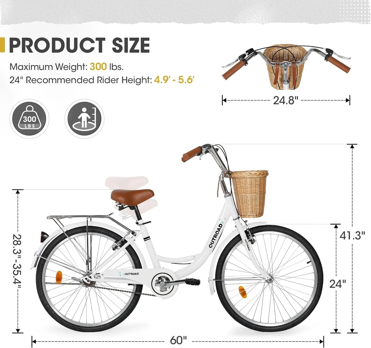 Beach Cruiser Bike for Women and Men, 24 26 inch Female Commuter Bicycle with Basket, 1 Speed Womens Bike with Rear Rack/High-Carbon Steel/Front & Rear Fenders, Multi Color