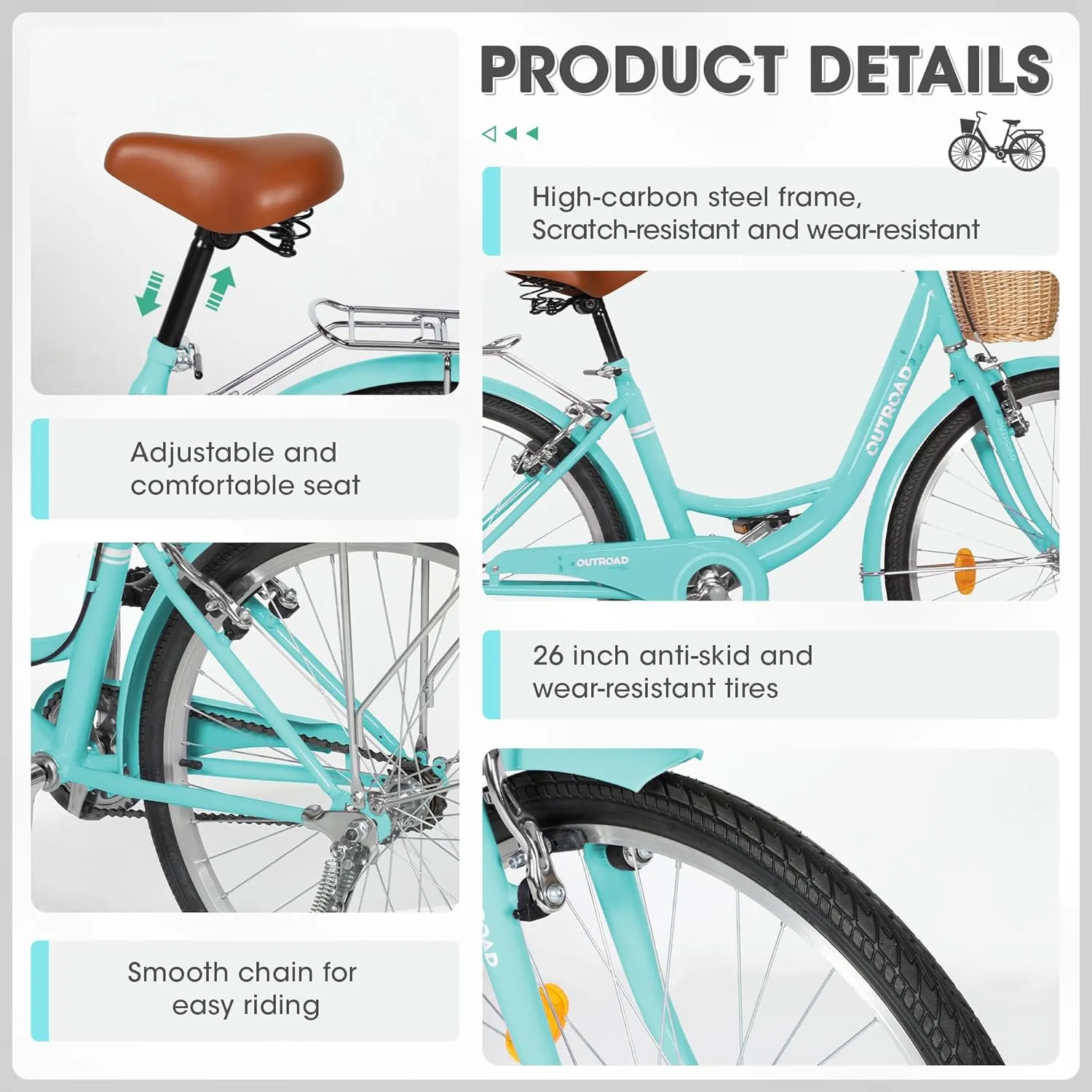 Beach Cruiser Bike for Women and Men, 24 26 inch Female Commuter Bicycle with Basket, 1 Speed Womens Bike with Rear Rack/High-Carbon Steel/Front & Rear Fenders, Multi Color