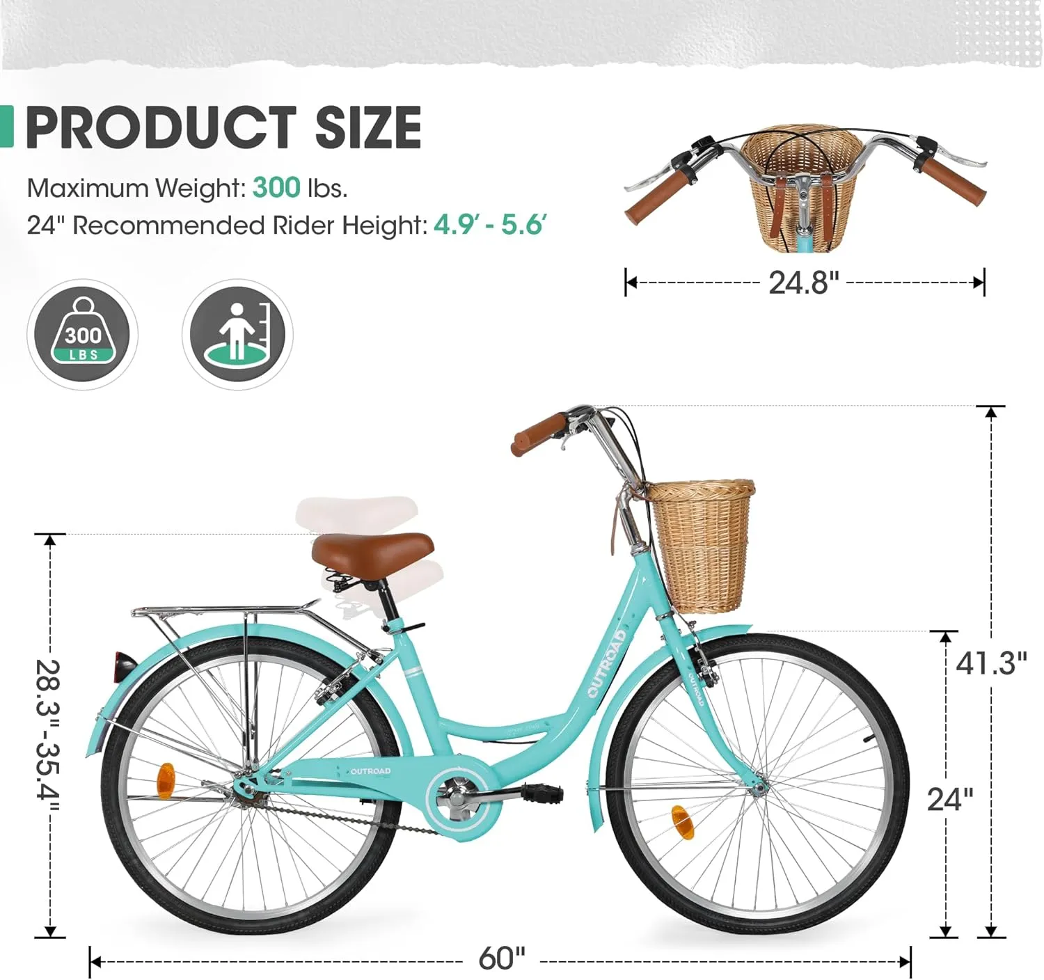 Beach Cruiser Bike for Women and Men, 24 26 inch Female Commuter Bicycle with Basket, 1 Speed Womens Bike with Rear Rack/High-Carbon Steel/Front & Rear Fenders, Multi Color
