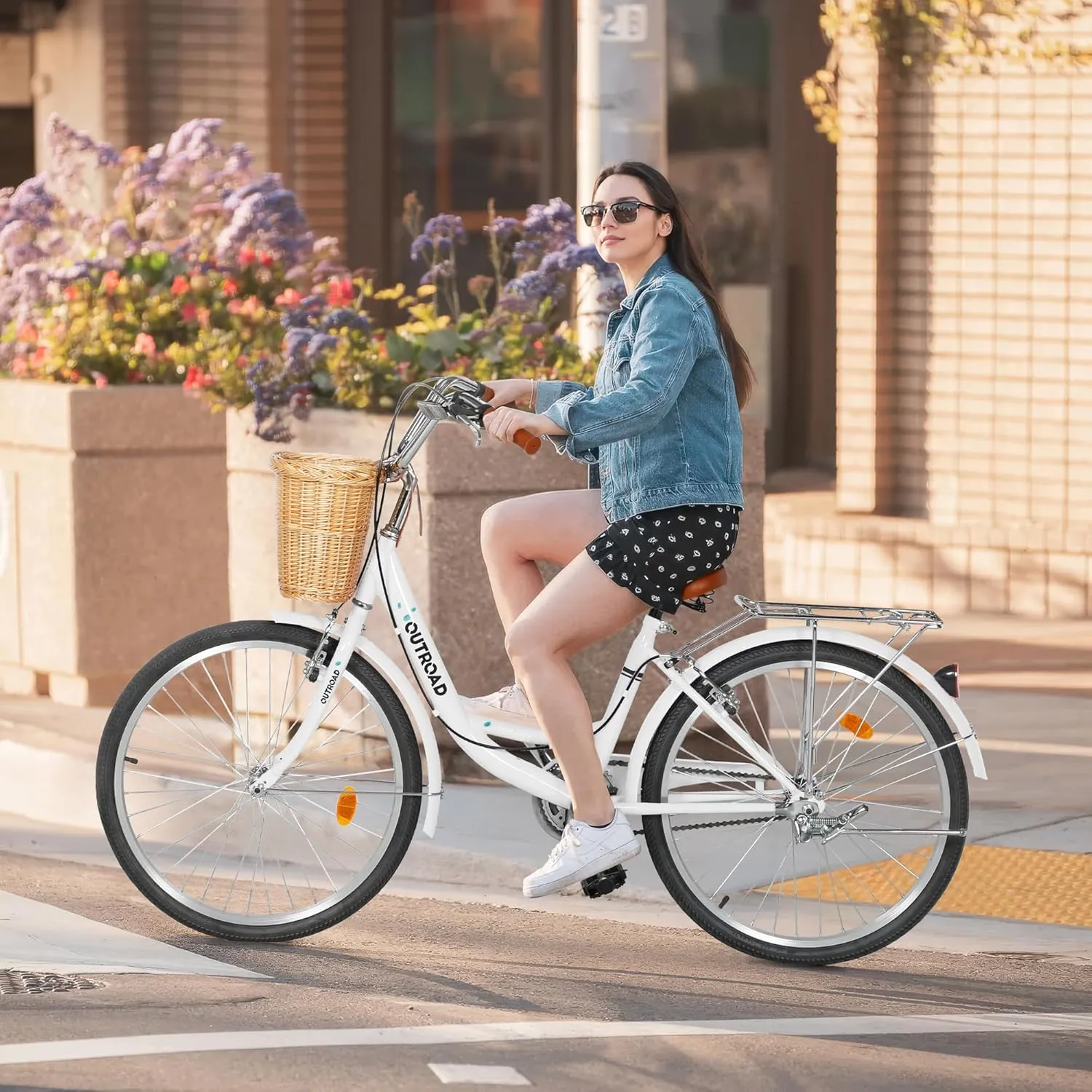 Beach Cruiser Bike for Women and Men, 24 26 inch Female Commuter Bicycle with Basket, 1 Speed Womens Bike with Rear Rack/High-Carbon Steel/Front & Rear Fenders, Multi Color