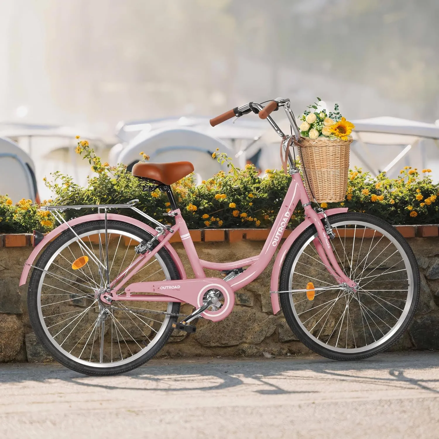 Beach Cruiser Bike for Women and Men, 24 26 inch Female Commuter Bicycle with Basket, 1 Speed Womens Bike with Rear Rack/High-Carbon Steel/Front & Rear Fenders, Multi Color