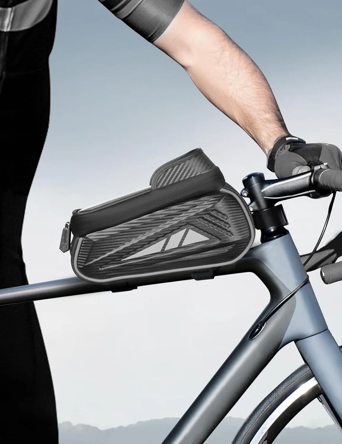 Bike Phone Holder Bag, EVA Waterproof Bicycle Front Frame Bag, Bike Accessories Cycling Pouch with Sensitive TPU Touch-Screen, Bicycle Phone Mount with Rain Cover for Phone under 7" (Sliver, 7 inch)