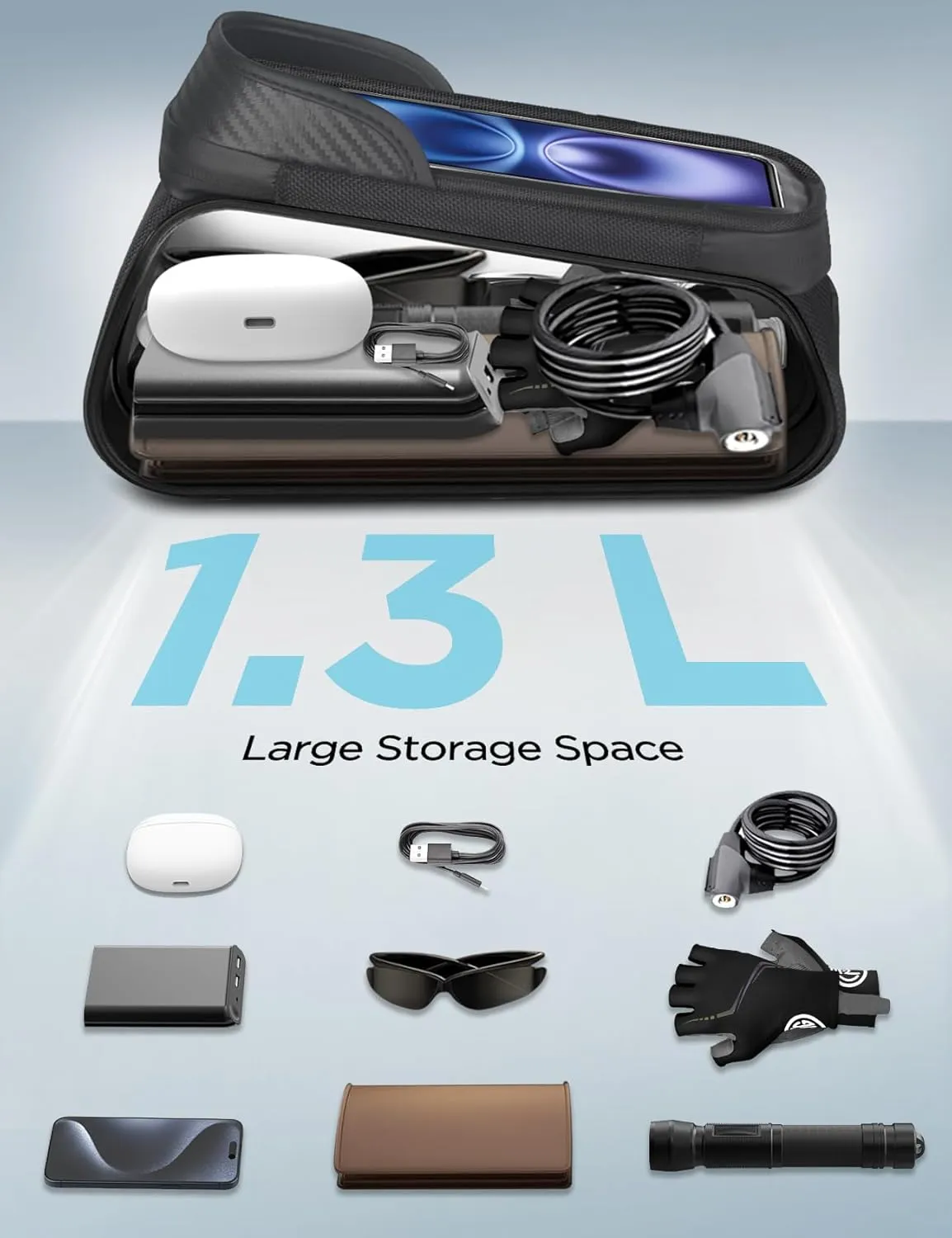 Bike Phone Holder Bag, EVA Waterproof Bicycle Front Frame Bag, Bike Accessories Cycling Pouch with Sensitive TPU Touch-Screen, Bicycle Phone Mount with Rain Cover for Phone under 7" (Sliver, 7 inch)