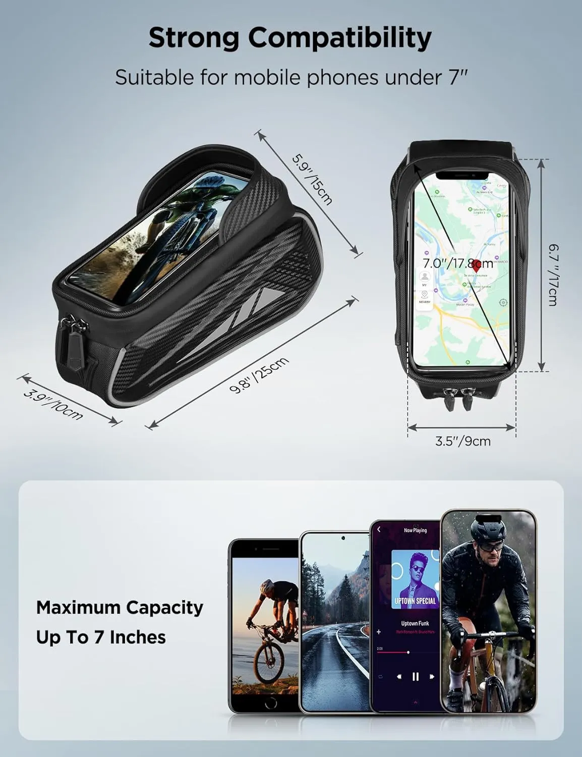 Bike Phone Holder Bag, EVA Waterproof Bicycle Front Frame Bag, Bike Accessories Cycling Pouch with Sensitive TPU Touch-Screen, Bicycle Phone Mount with Rain Cover for Phone under 7" (Sliver, 7 inch)