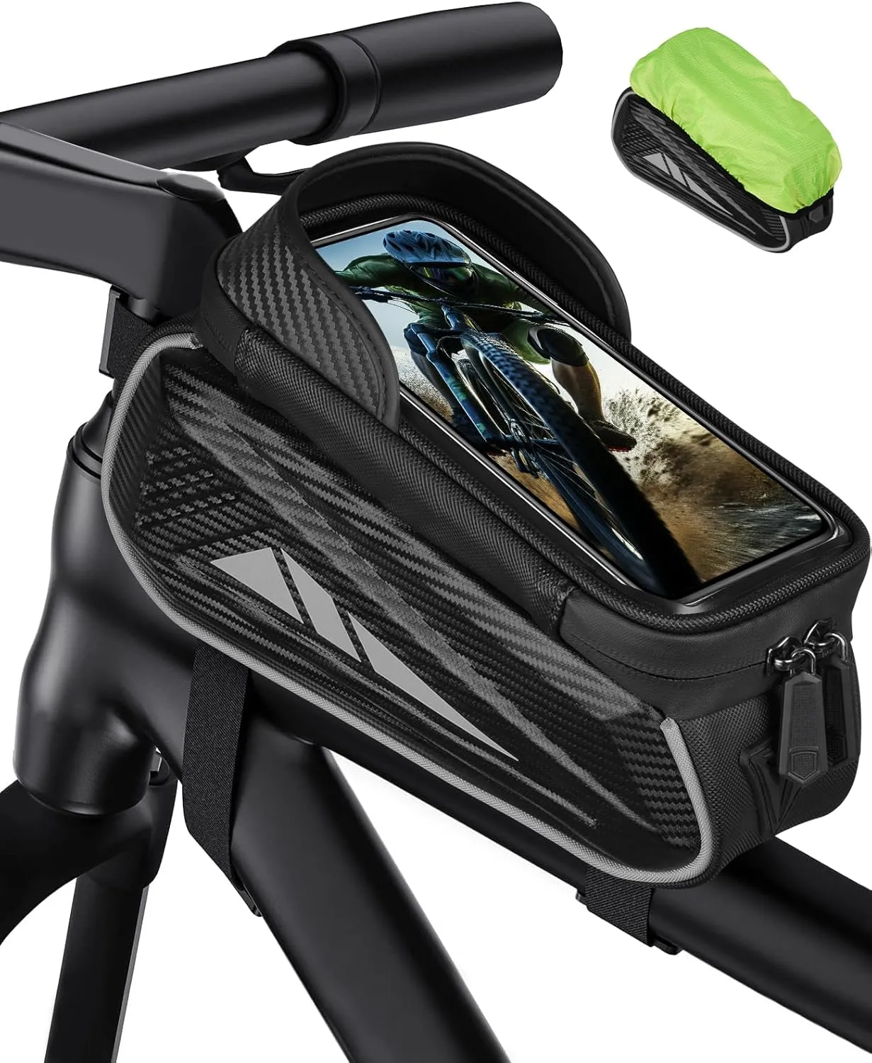 Bike Phone Holder Bag, EVA Waterproof Bicycle Front Frame Bag, Bike Accessories Cycling Pouch with Sensitive TPU Touch-Screen, Bicycle Phone Mount with Rain Cover for Phone under 7" (Sliver, 7 inch)