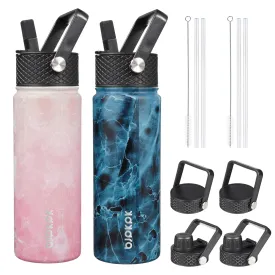 BJPKPK 2 Pack Insulated Water Bottles with Straw Lids, 22oz Stainless Steel Metal Water Bottle with 6 Lids, Leak Proof BPA Free Thermos, Cups, Flasks for Travel, Sports (Blossom Ocean)