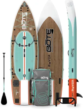 BOTE Rover Aero 12 FT 6 in Inflatable Micro Skiff, Blow up SUP for Adults Kids Family Friendly, APEX Pedal Drive & HP Motor Compatible in Classic Teak