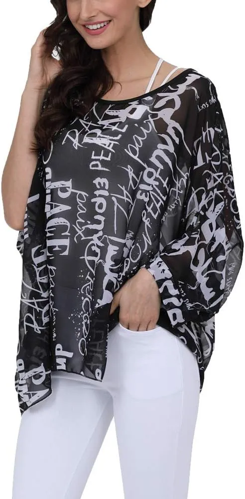 Ckikiou Plus Size Batwing Flowy Semi Sheer Chiffon Blouse Tunic for Women Summer Floral Print Boho Beach Cover ups