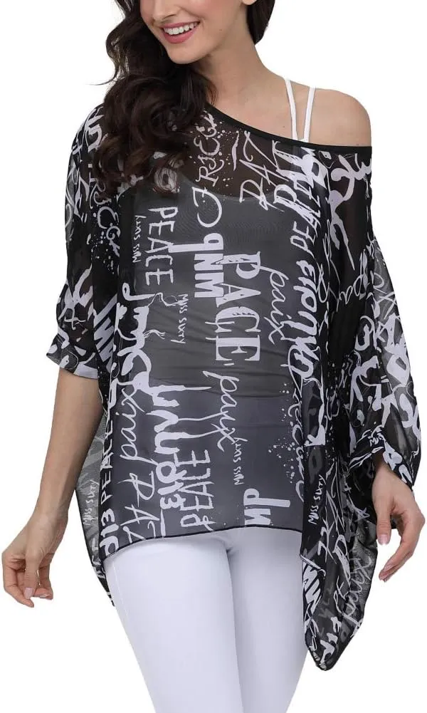 Ckikiou Plus Size Batwing Flowy Semi Sheer Chiffon Blouse Tunic for Women Summer Floral Print Boho Beach Cover ups