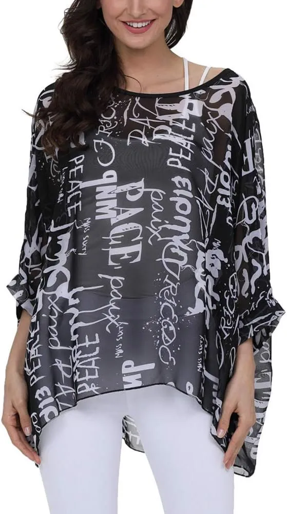 Ckikiou Plus Size Batwing Flowy Semi Sheer Chiffon Blouse Tunic for Women Summer Floral Print Boho Beach Cover ups