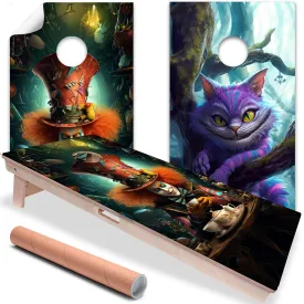 Cornhole Board Wrap and Decal for Board Set of 2 Skins Professional Vinyl Cover The Mad Hatter and The Cheshire Cat Alice in Wonderland Cornhole Wraps Stickers Cornhole Skins Cornhole Wraps for Boards