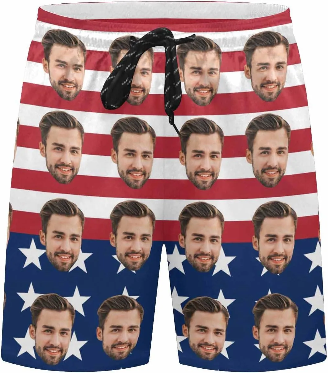 Custom Men's Swim Trunks with FacesCustom Swim Trunks Tropical Floral Personalized Board Shorts with USA Flag