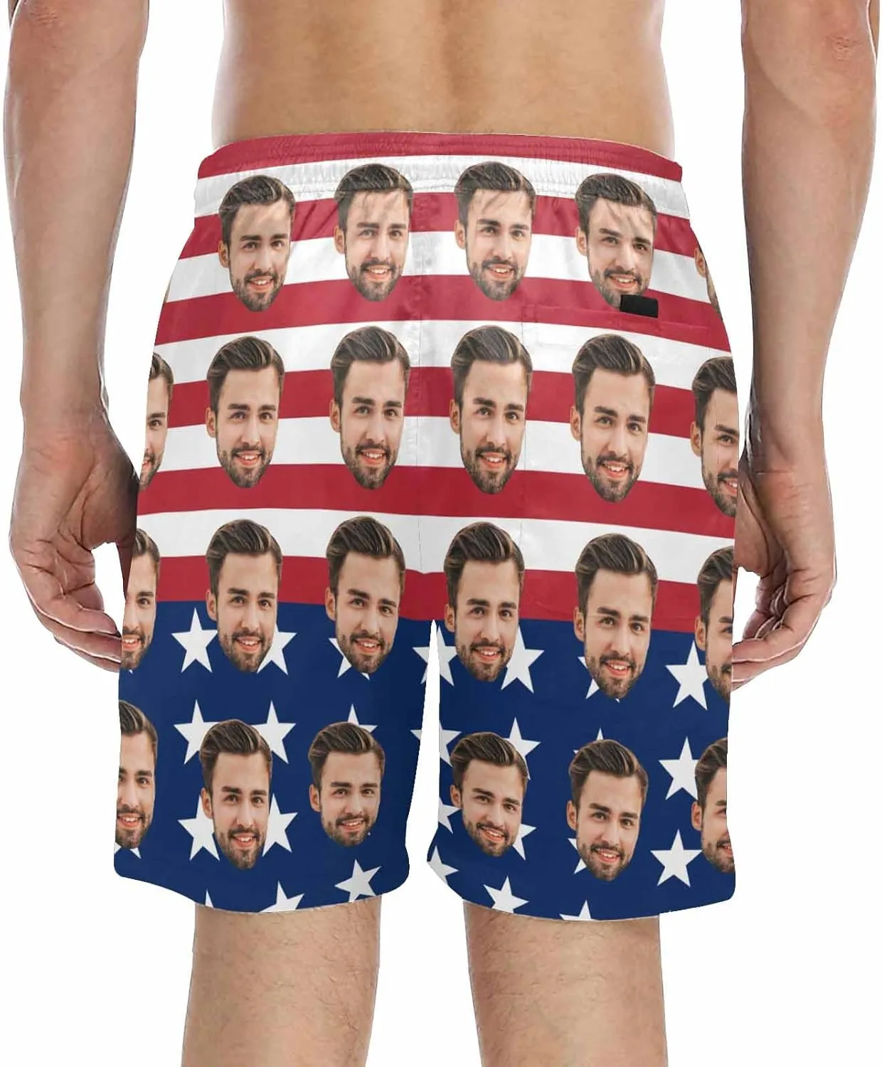 Custom Men's Swim Trunks with FacesCustom Swim Trunks Tropical Floral Personalized Board Shorts with USA Flag