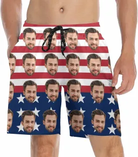 Custom Men's Swim Trunks with FacesCustom Swim Trunks Tropical Floral Personalized Board Shorts with USA Flag