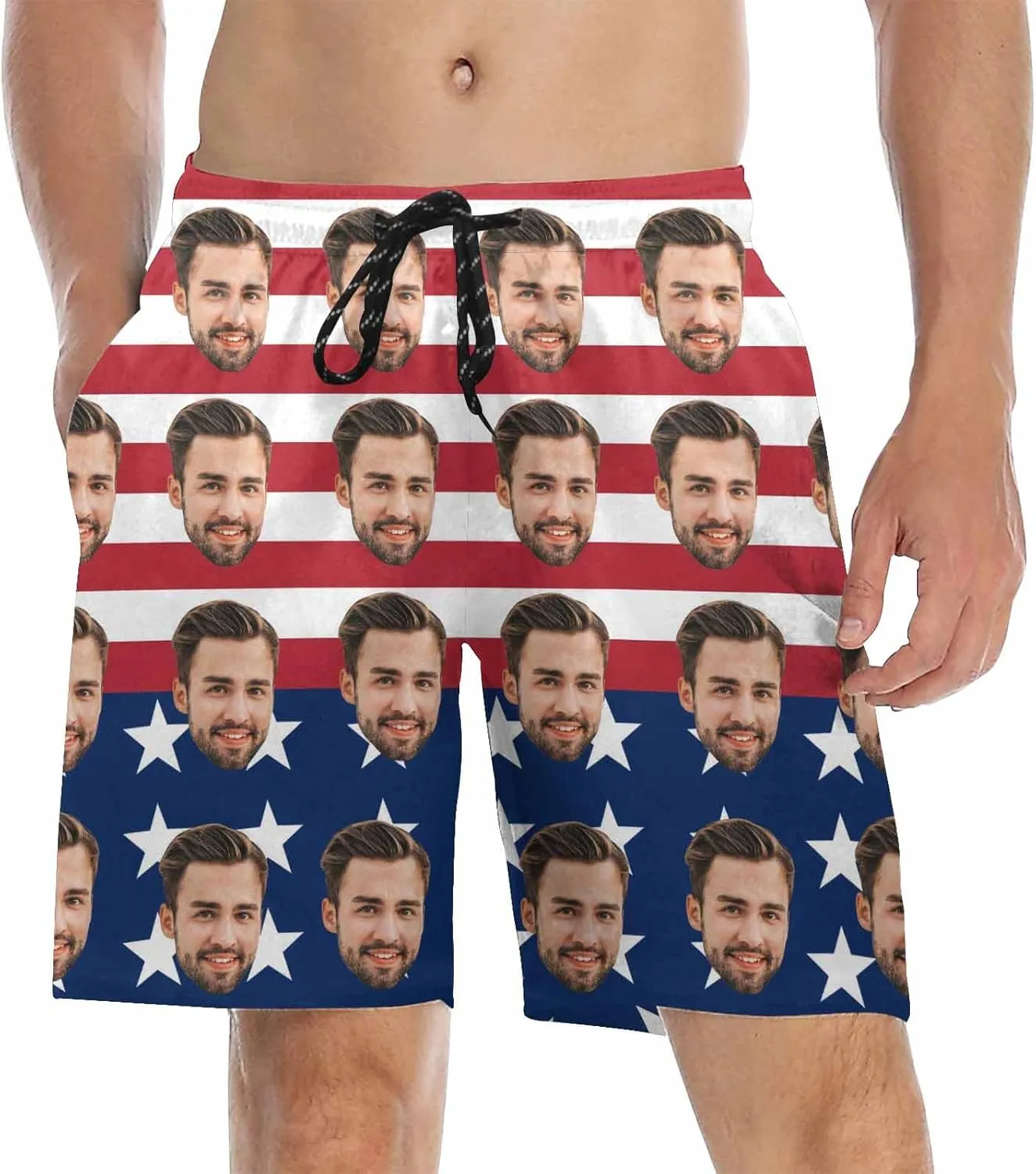 Custom Men's Swim Trunks with FacesCustom Swim Trunks Tropical Floral Personalized Board Shorts with USA Flag