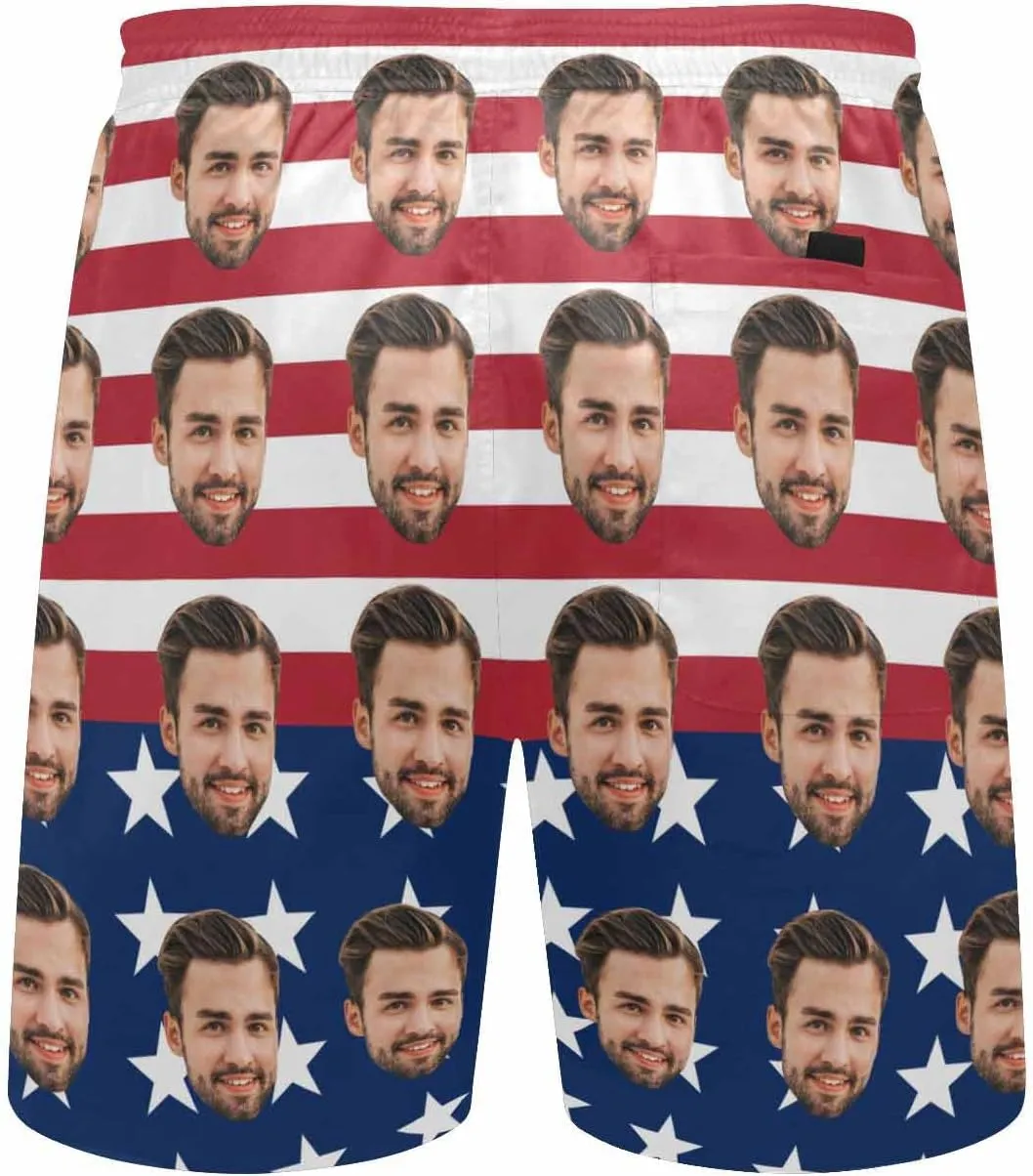 Custom Men's Swim Trunks with FacesCustom Swim Trunks Tropical Floral Personalized Board Shorts with USA Flag