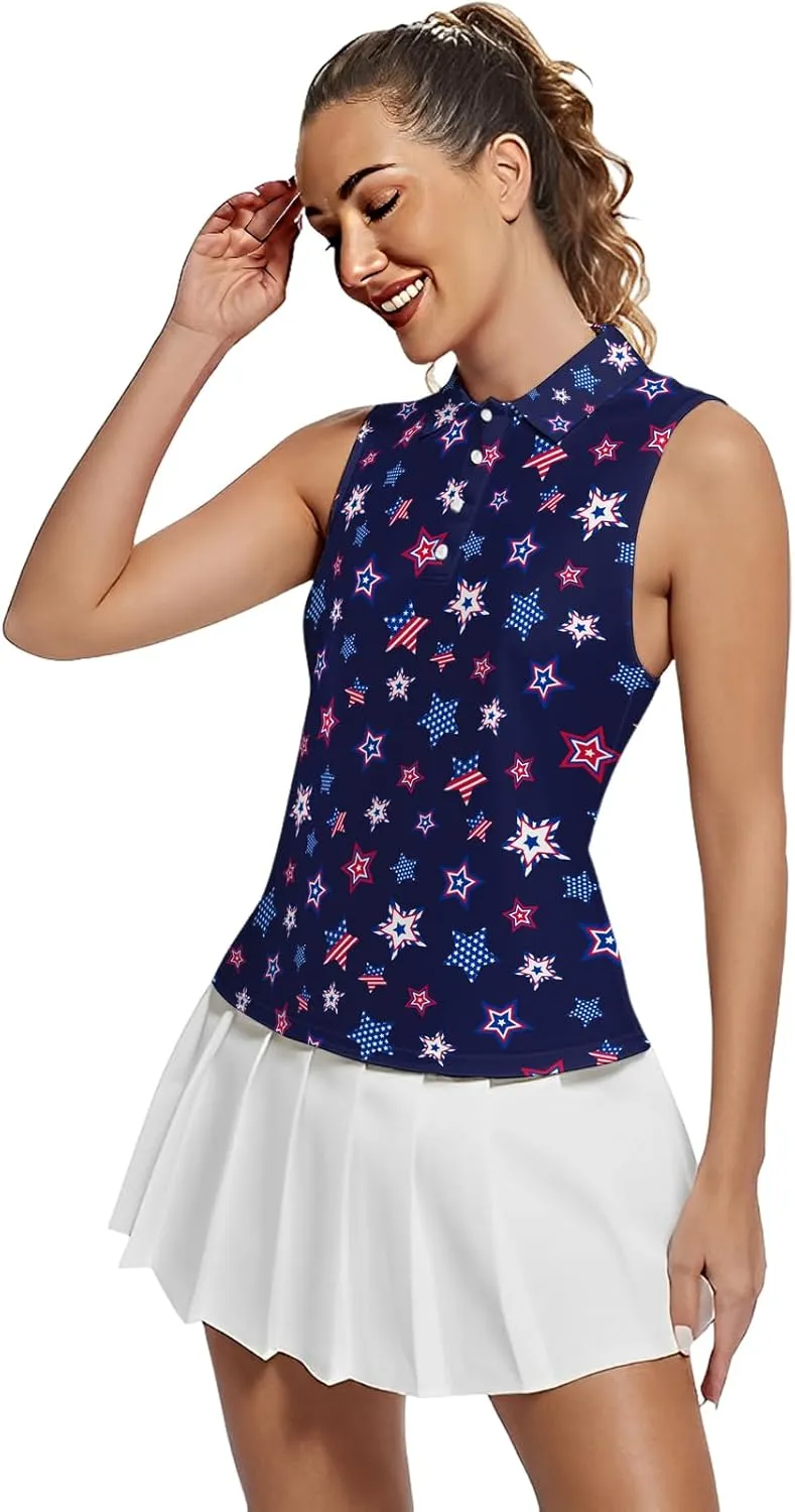 Golf Shirt Womens Sleeveless Moisture Wicking Athletic Printed Polo Golf Tank Top Women (XS-4XL)