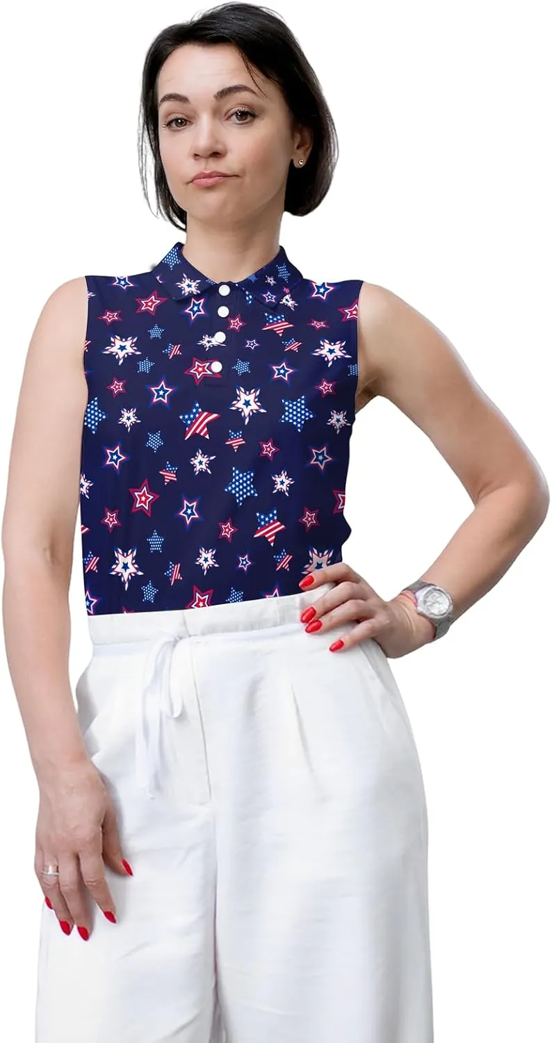 Golf Shirt Womens Sleeveless Moisture Wicking Athletic Printed Polo Golf Tank Top Women (XS-4XL)