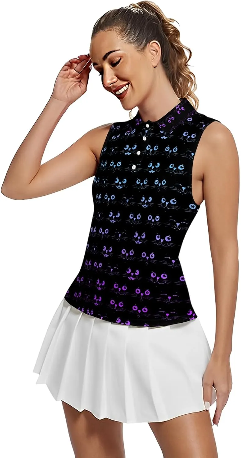 Golf Shirt Womens Sleeveless Moisture Wicking Athletic Printed Polo Golf Tank Top Women (XS-4XL)