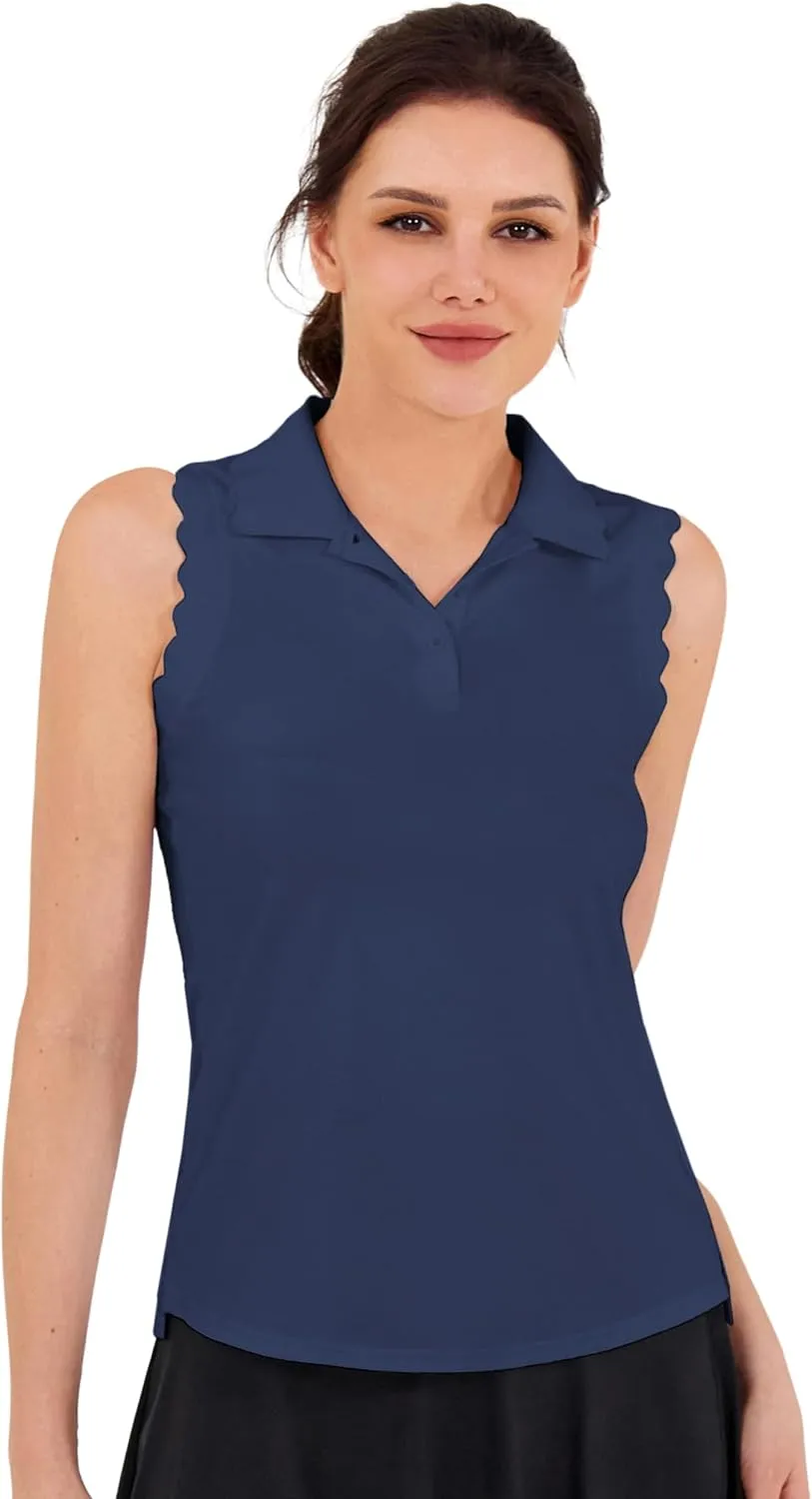 JACK SMITH Women Sleeveless Golf Polo Shirt Button Scalloped Tank Tops Moisture Wicking Tennis Shirts with Split Hem
