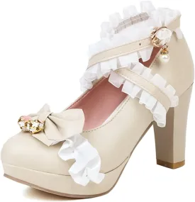 Kawii Shoes Bow Pearl Heels Lolita Platform Heels for Women Lace Cute Mary Janes Pumps