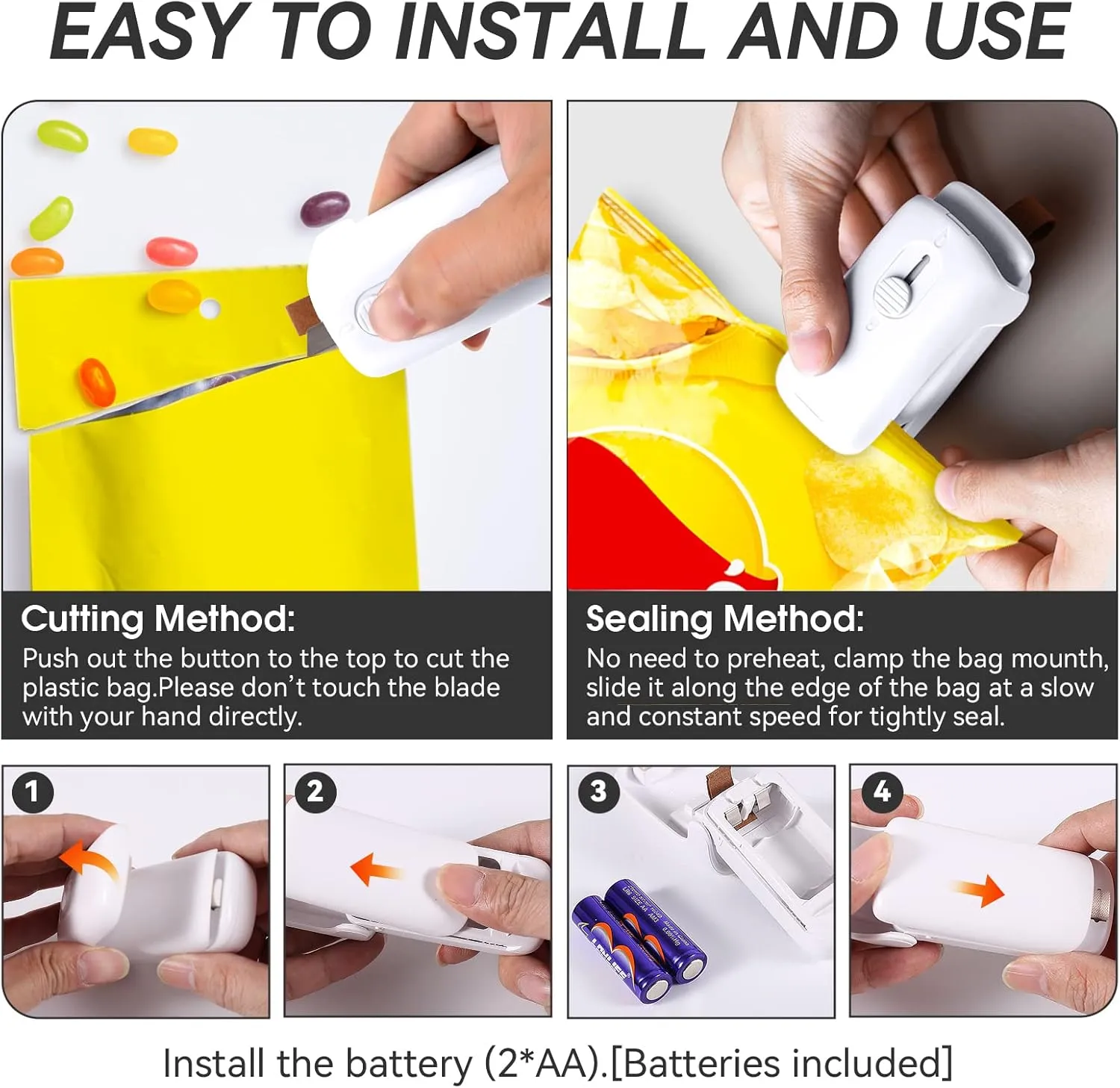 Mini Bag Sealer, ROMSTO Handheld Heat Vacuum Sealer, 2 in 1 Heat Sealer and Cutter with Lanyard, Portable Bag Resealer Machine for Plastic Bags Food Storage Snacks Freshness (2xAA Batteries Included)