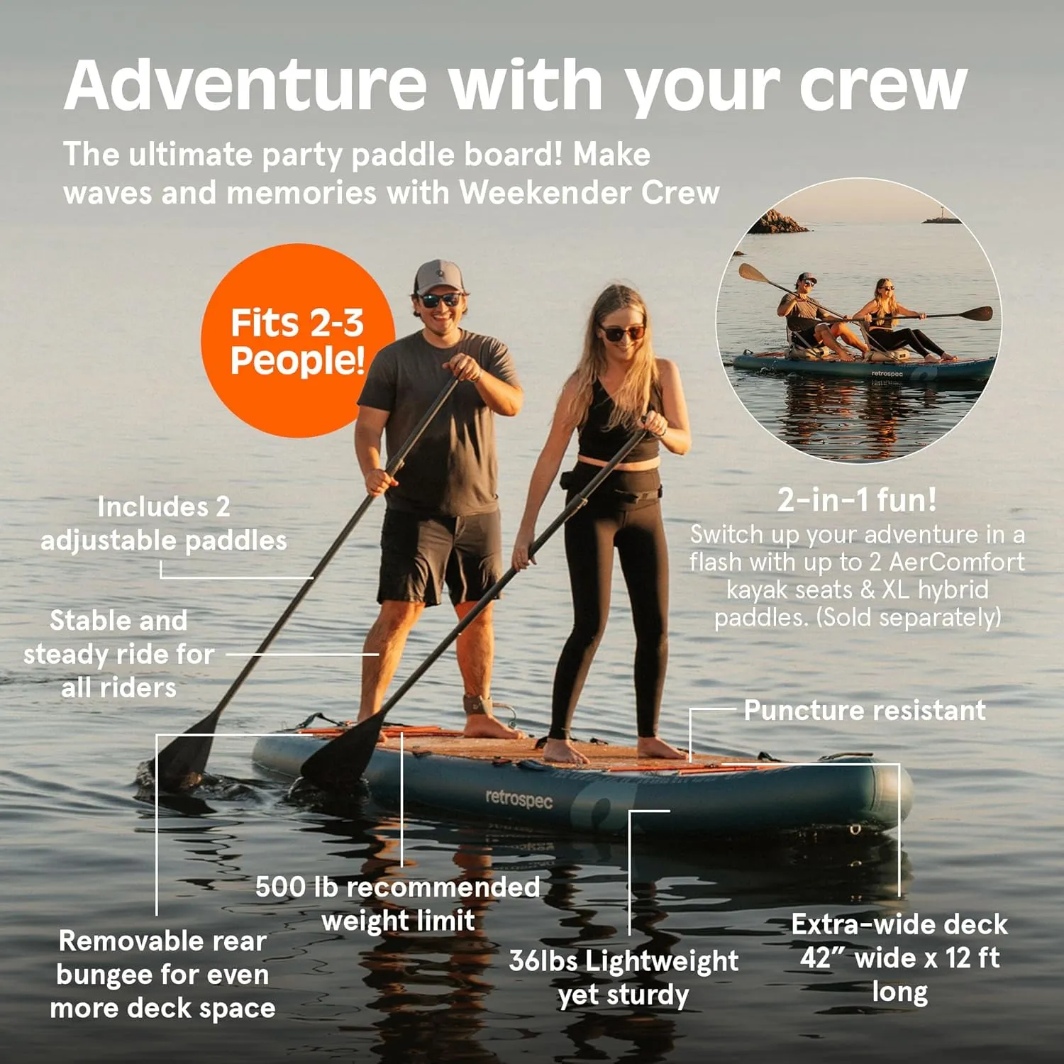 Retrospec Weekender Crew 12 ft & XL Multi Person Paddle Board for 2-5 People, Puncture Resistant & Durable, 500 & 1050 LB Capacity Lightweight iSUP Inflatable Paddle Board