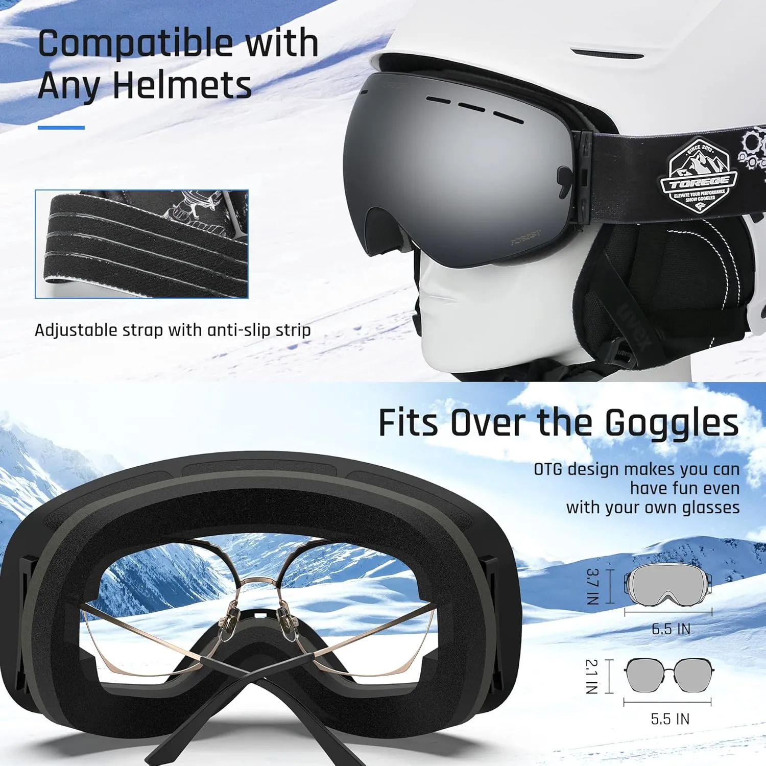 TOREGE Ski Goggles, Snow Goggles with Anti-fog Spherical Lens, OTG Snowboard Goggles for Men Women