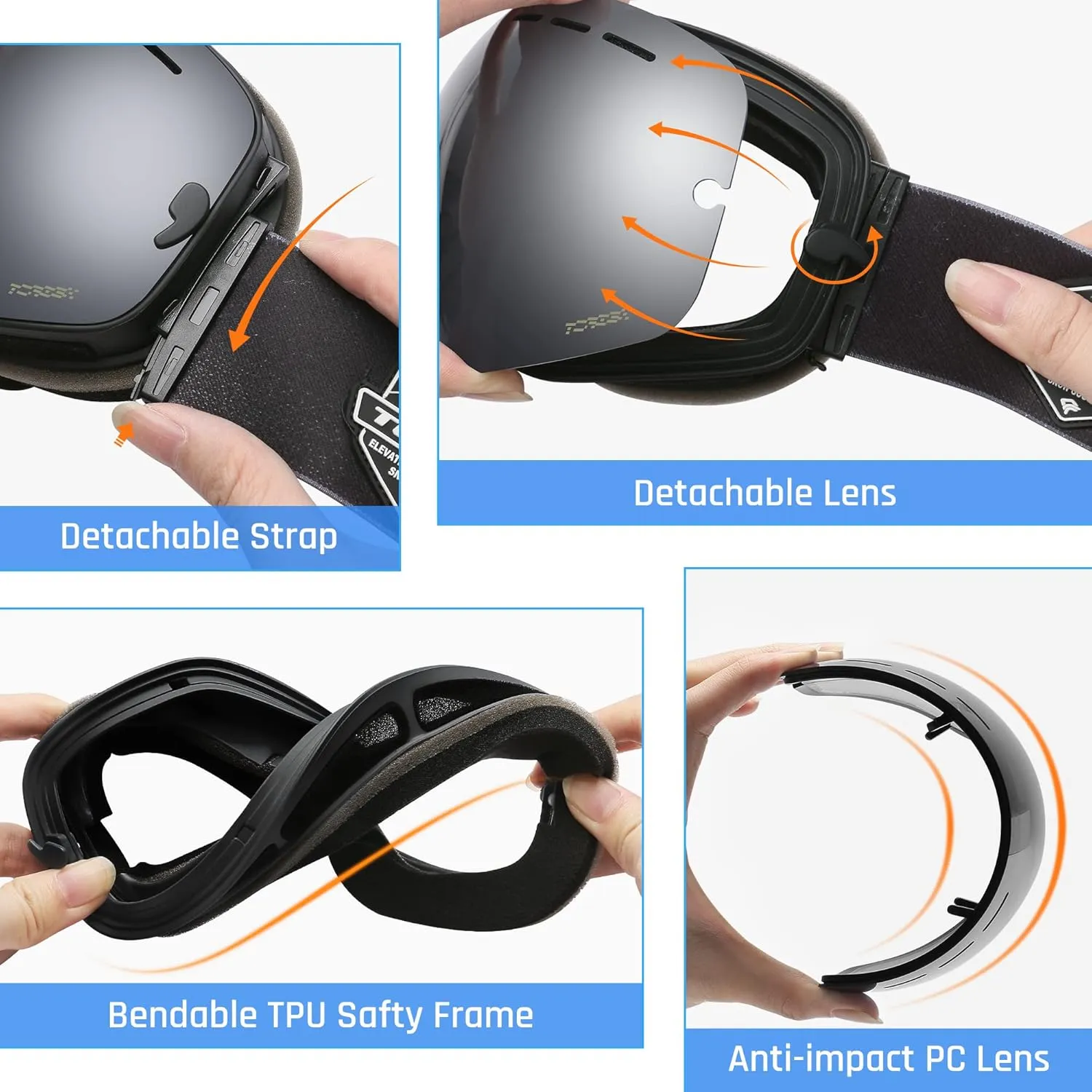 TOREGE Ski Goggles, Snow Goggles with Anti-fog Spherical Lens, OTG Snowboard Goggles for Men Women
