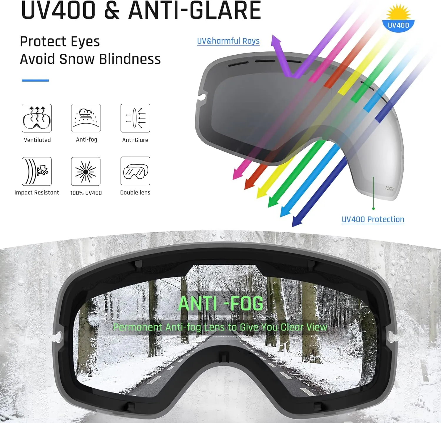 TOREGE Ski Goggles, Snow Goggles with Anti-fog Spherical Lens, OTG Snowboard Goggles for Men Women