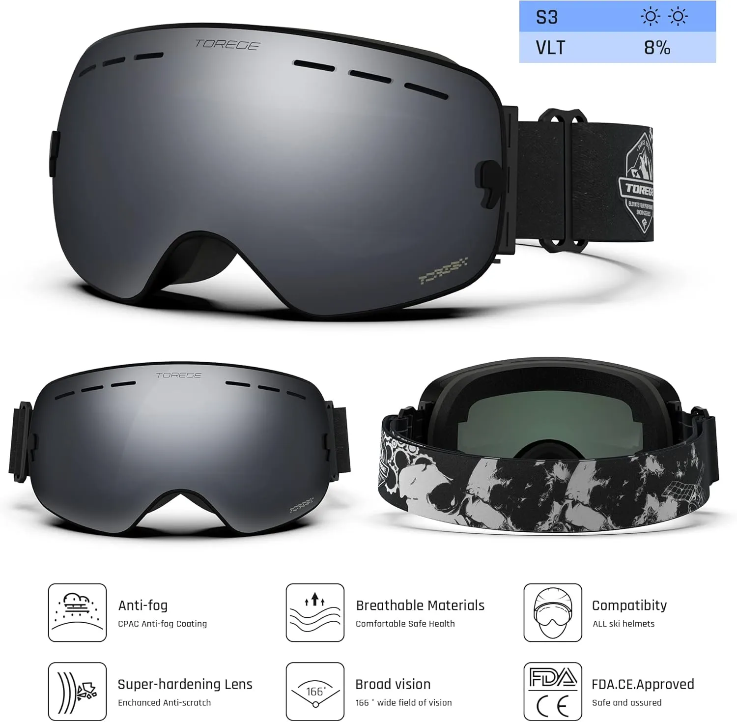 TOREGE Ski Goggles, Snow Goggles with Anti-fog Spherical Lens, OTG Snowboard Goggles for Men Women