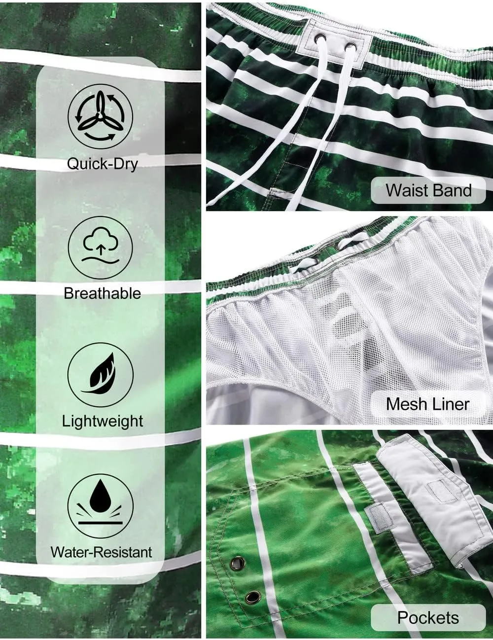 unitop Men's Swimming Trunks Quick Dry Summer Striped Beach Board Shorts with Lining