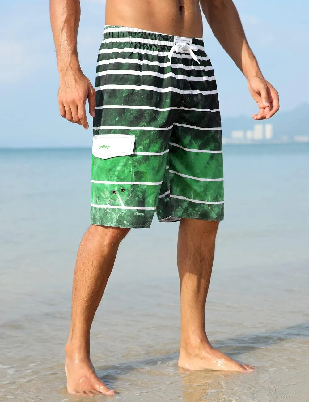 unitop Men's Swimming Trunks Quick Dry Summer Striped Beach Board Shorts with Lining