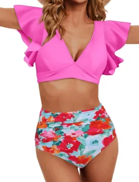 Women Ruffle High Waisted Swimsuit Two Piece Tropical Print Swimsuit Push Up Bathing Suit